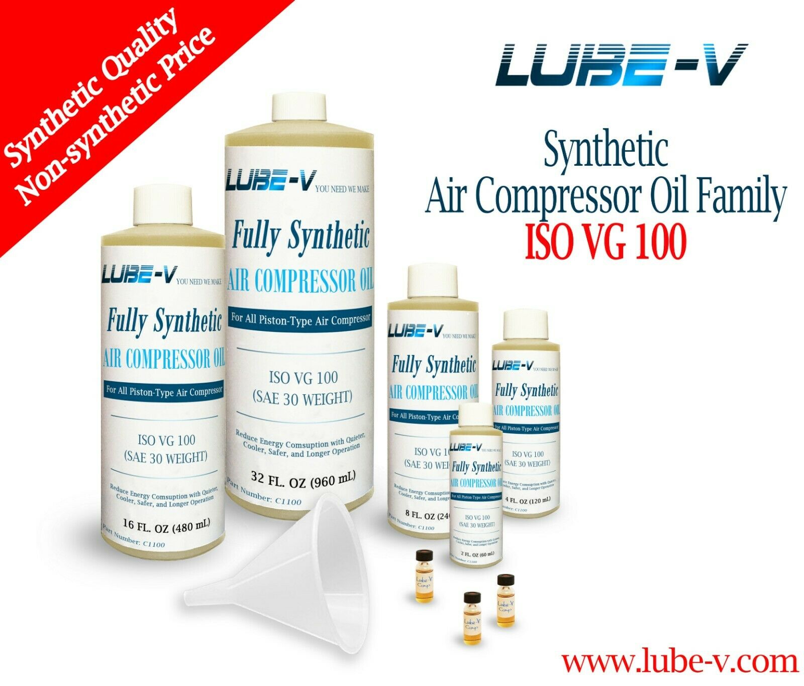 Lube-v 100% Synthetic Piston Air Compressor Oil Lubricant Iso 100, Sae 30 Weight