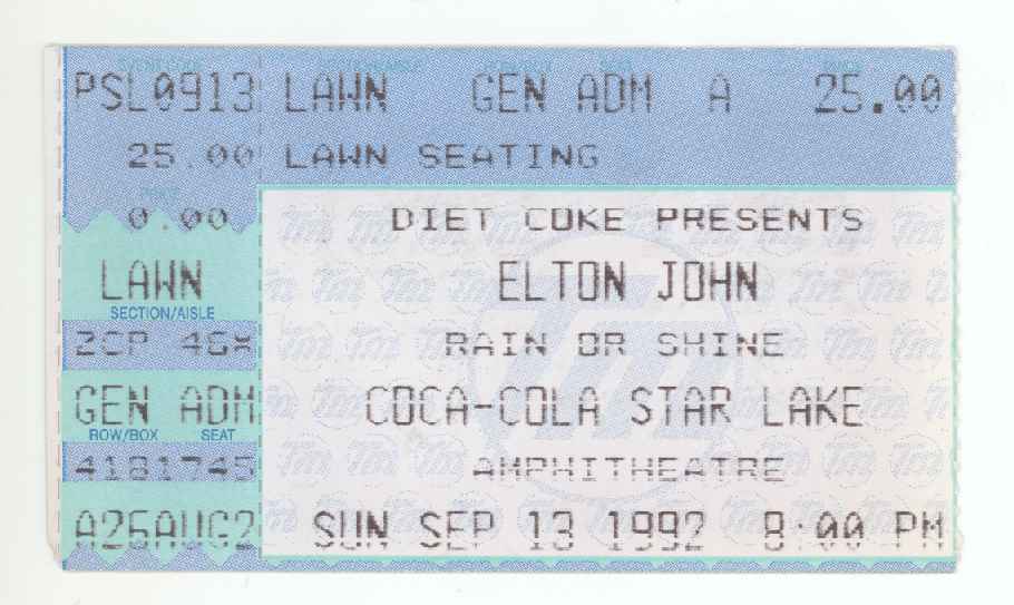 Rare Elton John 9/13/92 Burgettstown Pa Start Lake Amphitheatre Ticket Stub!