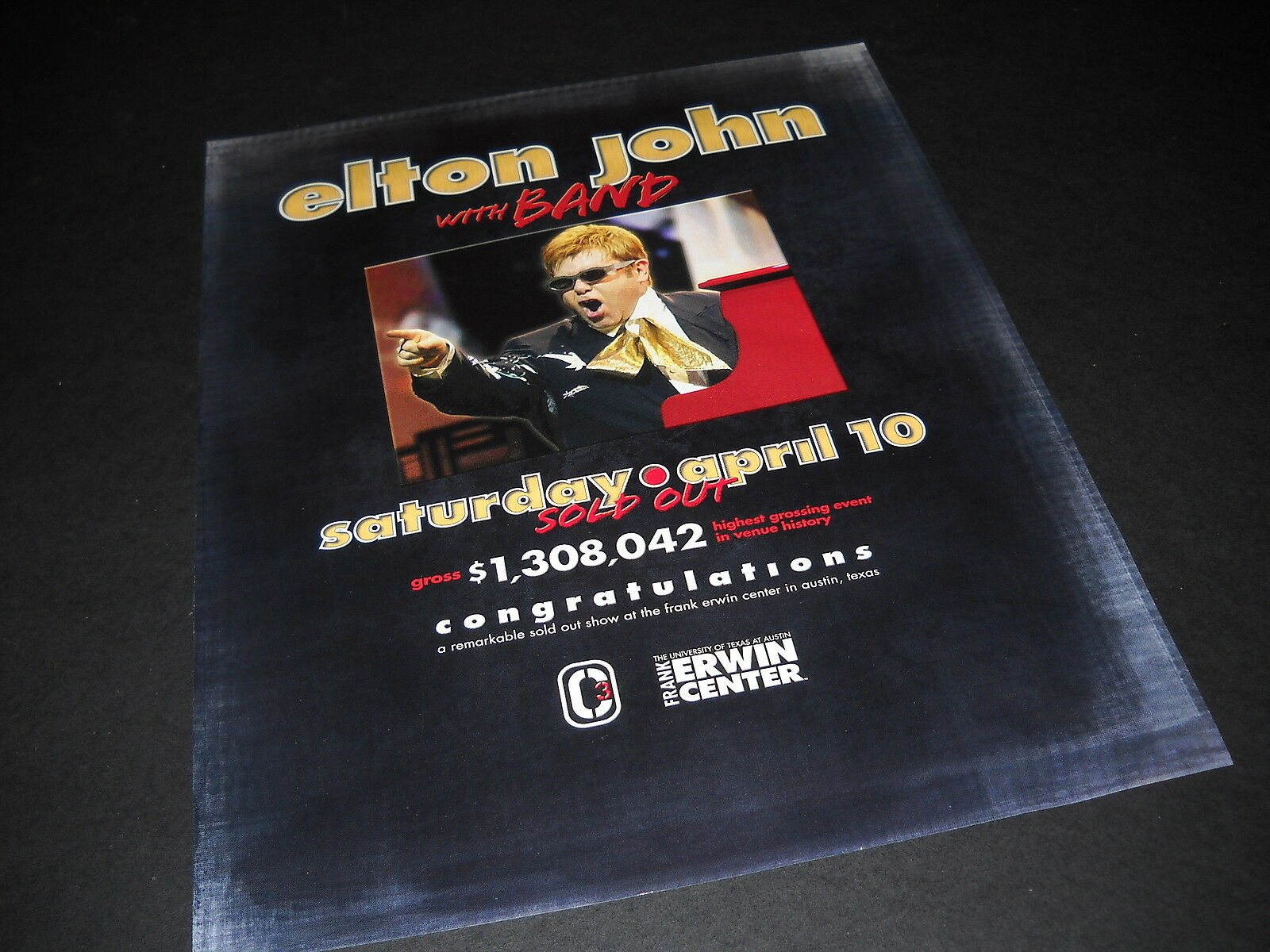 Elton John Sold Out April 10, 2010 Erwin Center Austin Promo Poster Ad