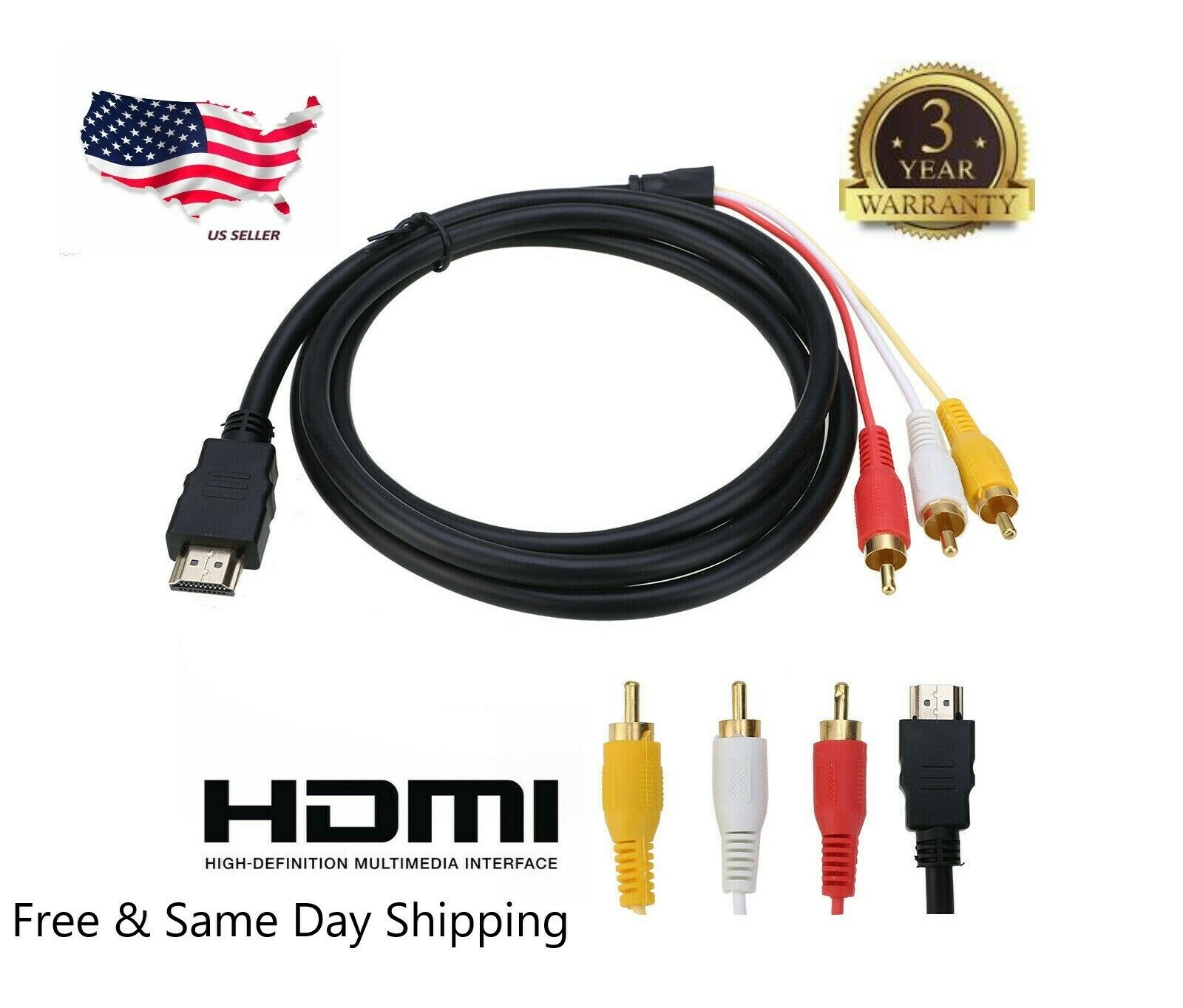 1080p Hdmi Male To 3 Rca S-video Av Audio Cable Cord Adapter For Tv Hdtv Dvd Us