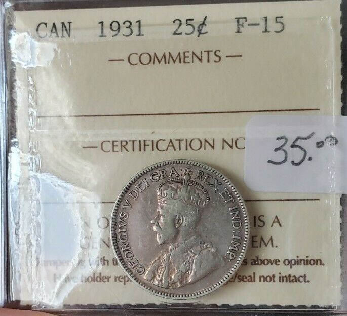 Can Coins, Iccs Cert.  1931  25 Cent  F-15